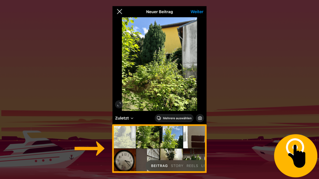Screenshot iPhone, „Neuer Beitrag“ Instagram: Farbliche Markierung der Fotos und Videos (Fotos-App); untere Screenshot-Hälfte