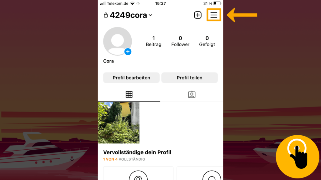 Screenshot iPhone, Profil Instagram: Farbliche Markierung des Menü-Symbols (drei Striche); obere, rechte Screenshot-Ecke