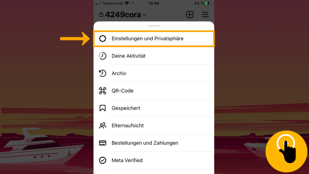 Screenshot iPhone, Profil Instagram: Menü-Steuerung geöffnet: Farbliche Markierung der Taste „Einstellung und Privatsphäre“; oberer Screenshot-Rand
