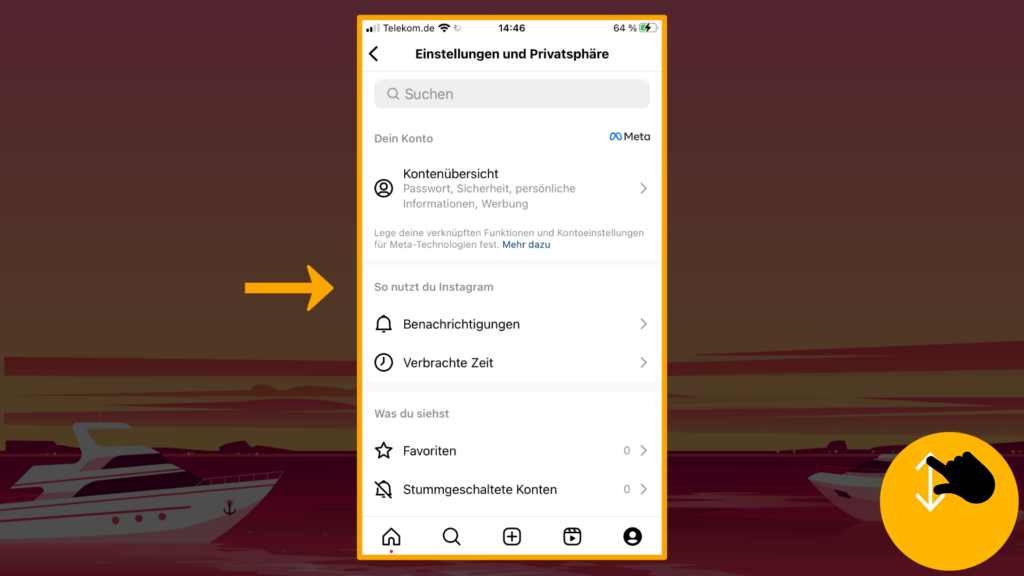 Screenshot iPhone, Einstellungen und Privatsphäre Instagram geöffnet: Farbliche Markierung des Screenshots Rechte, untere Bildschirmecke: Finger, Pfeil nach oben und unten