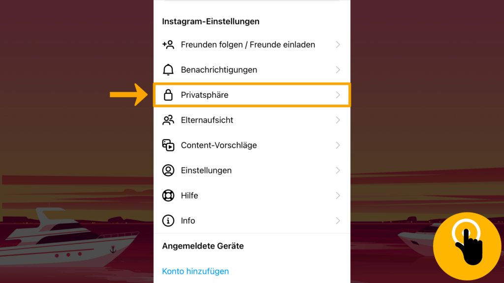 Screenshot iPhone, Einstellungen und Privatsphäre Instagram geöffnet: Farbliche Markierung der Taste „Privatsphäre“, Screenshot-Mitte