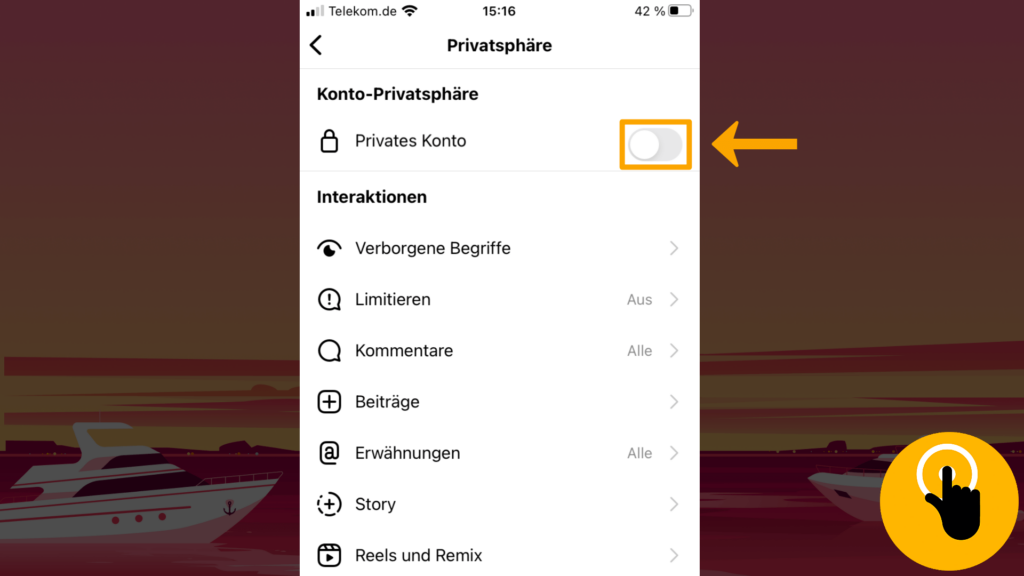 Screenshot iPhone, Konto-Privatsphäre Instagram: Farbliche Markierung der Anschalte-Taste; rechte, obere Screenshot-Ecke