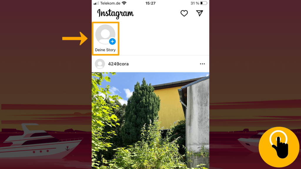 Screenshot iPhone, Startseite Instagram: Farbliche Markierung des Profilbildes; obere, linke Screenshot-Ecke