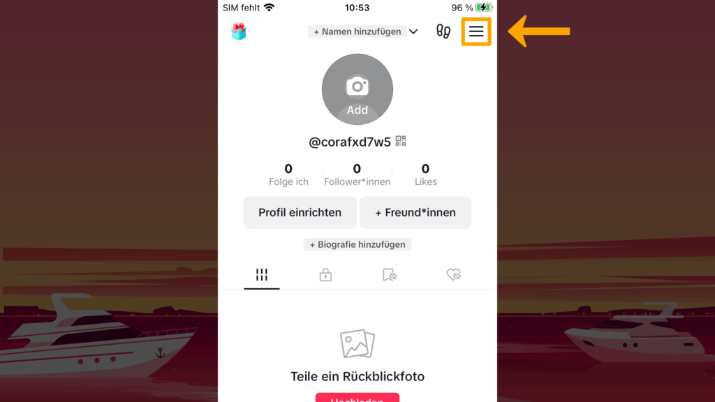 Screenshot iPhone, Profil TikTok: Farbliche Markierung des Menü-Symbols (drei Striche); obere, rechte Screenshot-Ecke