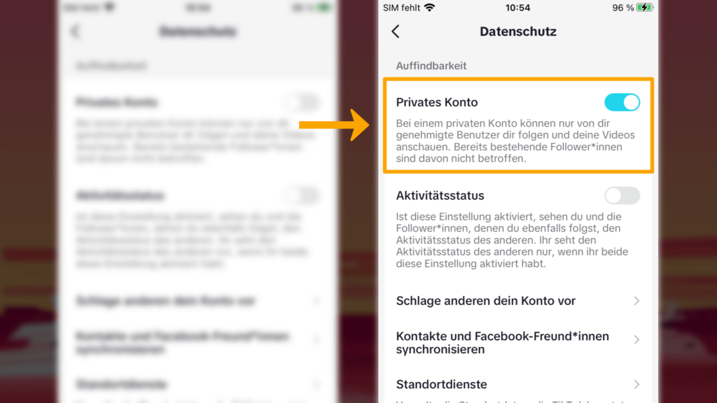 Screenshot iPhone links, unscharf Screenshot iPhone rechts, Datenschutz TikTok: Farbliche Markierung Feld + Taste „Privates Konto“; rechte, obere Screenshot-Ecke
