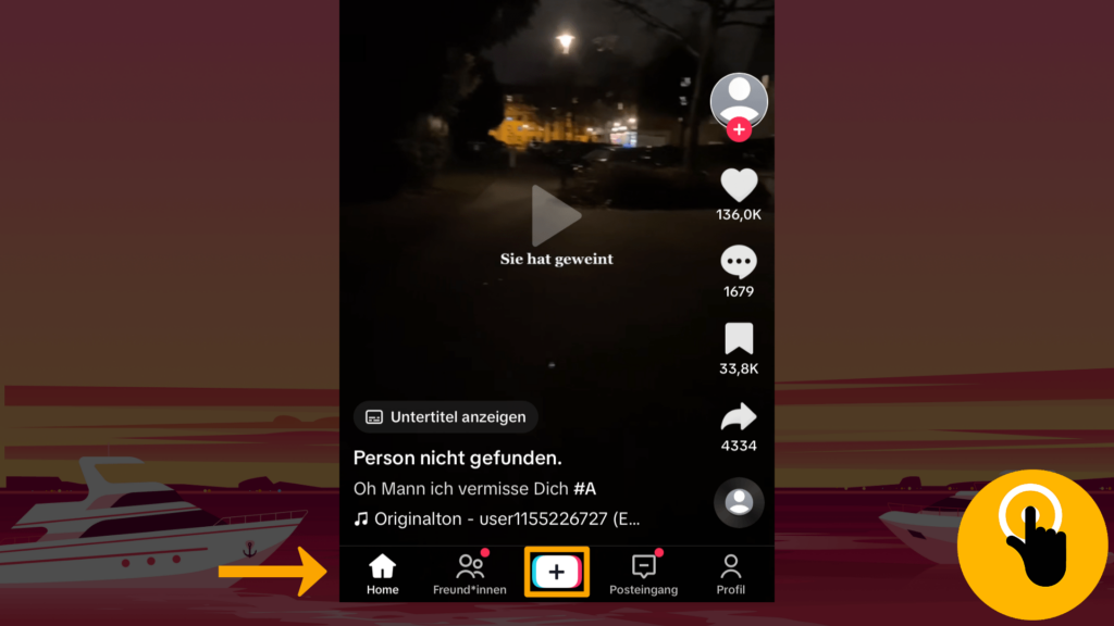 Screenshot iPhone, Startseite TikTok: Farbliche Markierung des + (Viereck mit +); unterer Screenshot-Rand, Mitte