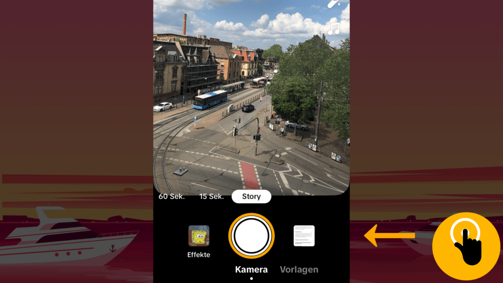 Screenshot iPhone, Kamera TikTok geöffnet: Farbliche Markierung des Auslösers (Foto-Taste); untere Bildschirmmitte, Rand