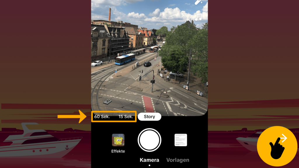 Screenshot iPhone, Kamera TikTok geöffnet: Farbliche Markierung der Video-Einstellungen, untere Screenshot-Hälfte, links