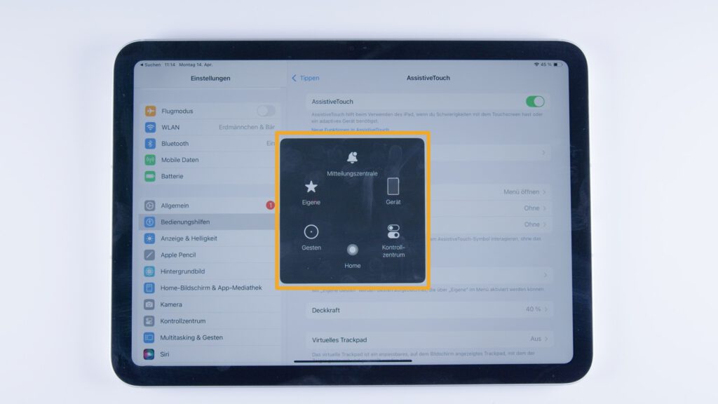 Tablet zeigt erneut das AssistiveTouch-Menü in den Einstellungen. Der Schieberegler ist grün, das Symbol schwebt rechts am Bildschirmrand.