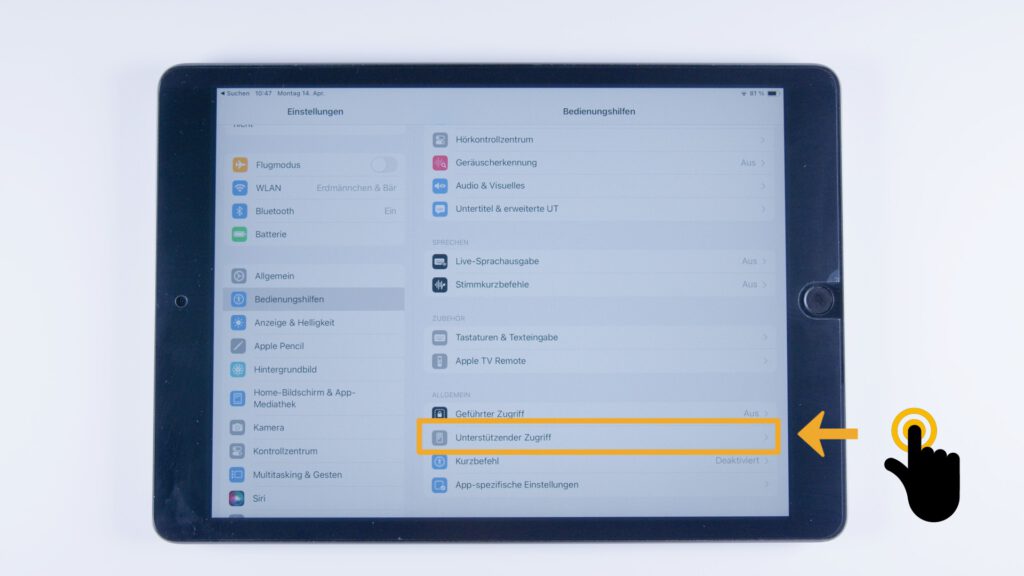 Tablet mit den geöffneten iPad-Einstellungen. Der Menüpunkt „Unterstützender Zugriff“ ist rechts unten hervorgehoben, daneben ein gelbes Fingertipp-Symbol.