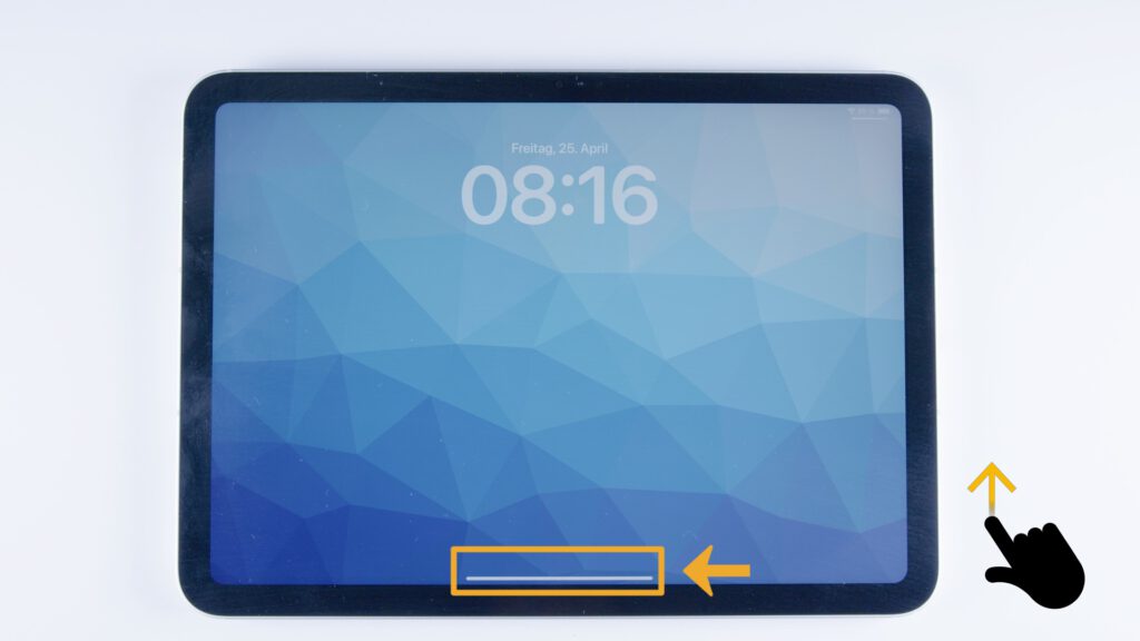 Tablet mit gesperrtem Bildschirm. In der Mitte die Uhrzeit „08:16“. Unten ist die Entsperrgeste markiert: ein Pfeil zeigt auf eine waagerechte Linie. Ein Finger zeigt auf die Geste mit der Bedeutung „nach oben wischen“.