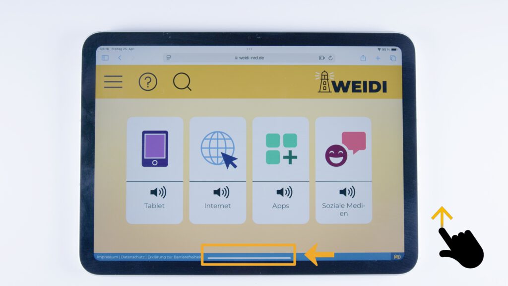 Tablet mit geöffneter WEIDI-Webseite. Unten auf dem Bildschirm ein dicker Balken mit Pfeil nach oben und einer Tipp-Geste – Hinweis zur Wischgeste zurück zum Home-Bildschirm.