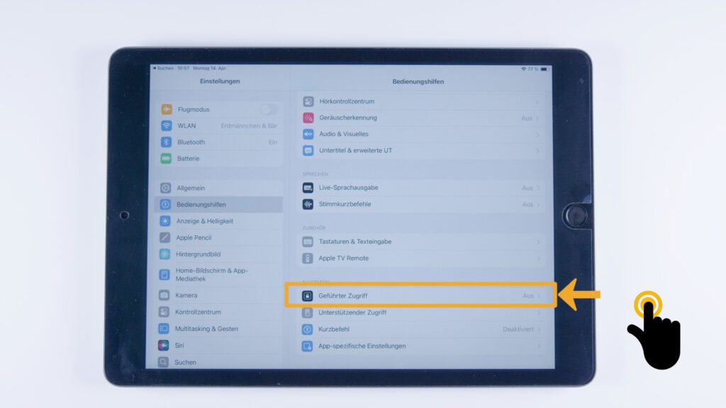 Tablet mit geöffneter Einstellungs-App. „Geführter Zugriff“ ist hervorgehoben, ein gelber Pfeil und eine Fingergeste zeigen auf die Option.