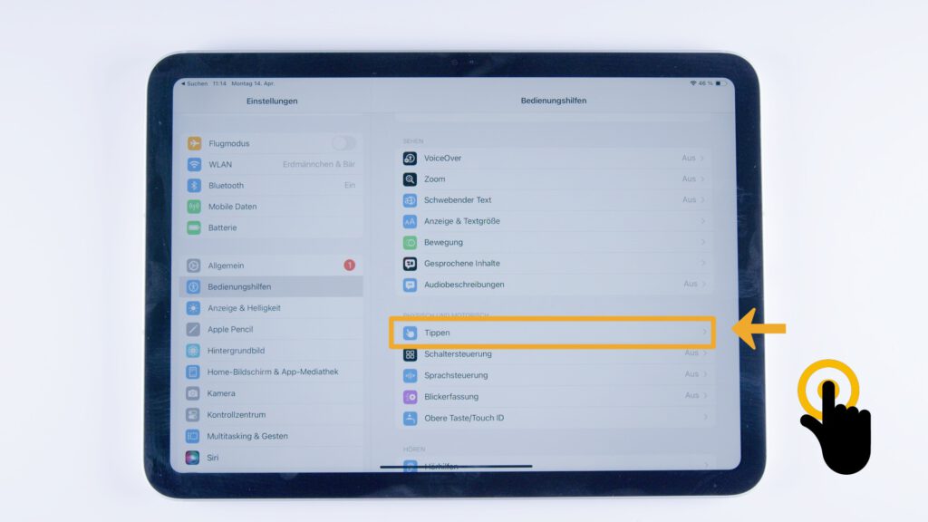 Tablet zeigt die Bedienungshilfen. Der Menüpunkt „Tippen“ ist gelb umrandet, rechts ein Pfeil-Icon, unten ein Fingertipp-Symbol.