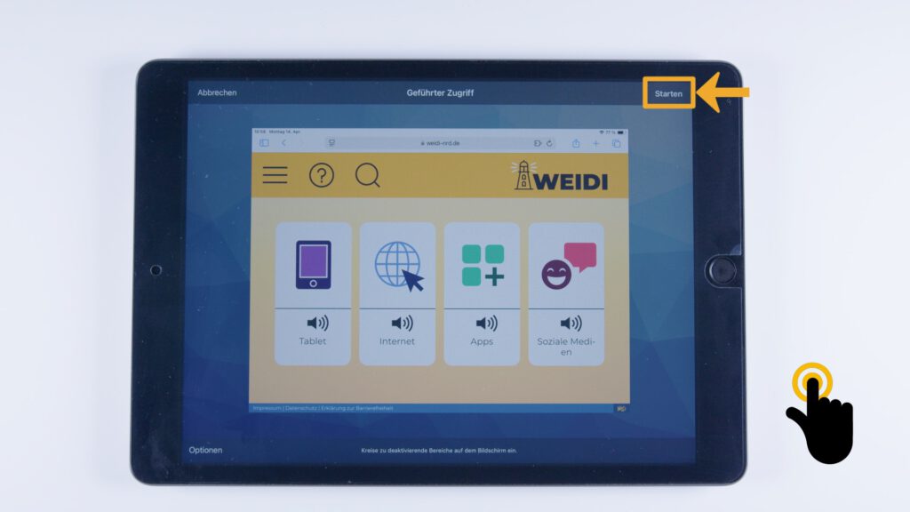 Tablet mit geöffneter WEIDI-Webseite im Modus „Geführter Zugriff“. Ein gelber Pfeil markiert den Button „Starten“ oben rechts, daneben eine Fingergeste.